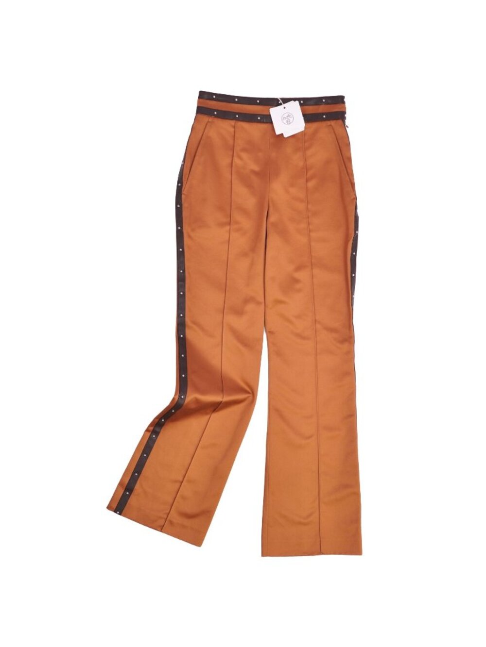 Hermes Pants Long Satin Studded Cotton Brown 34